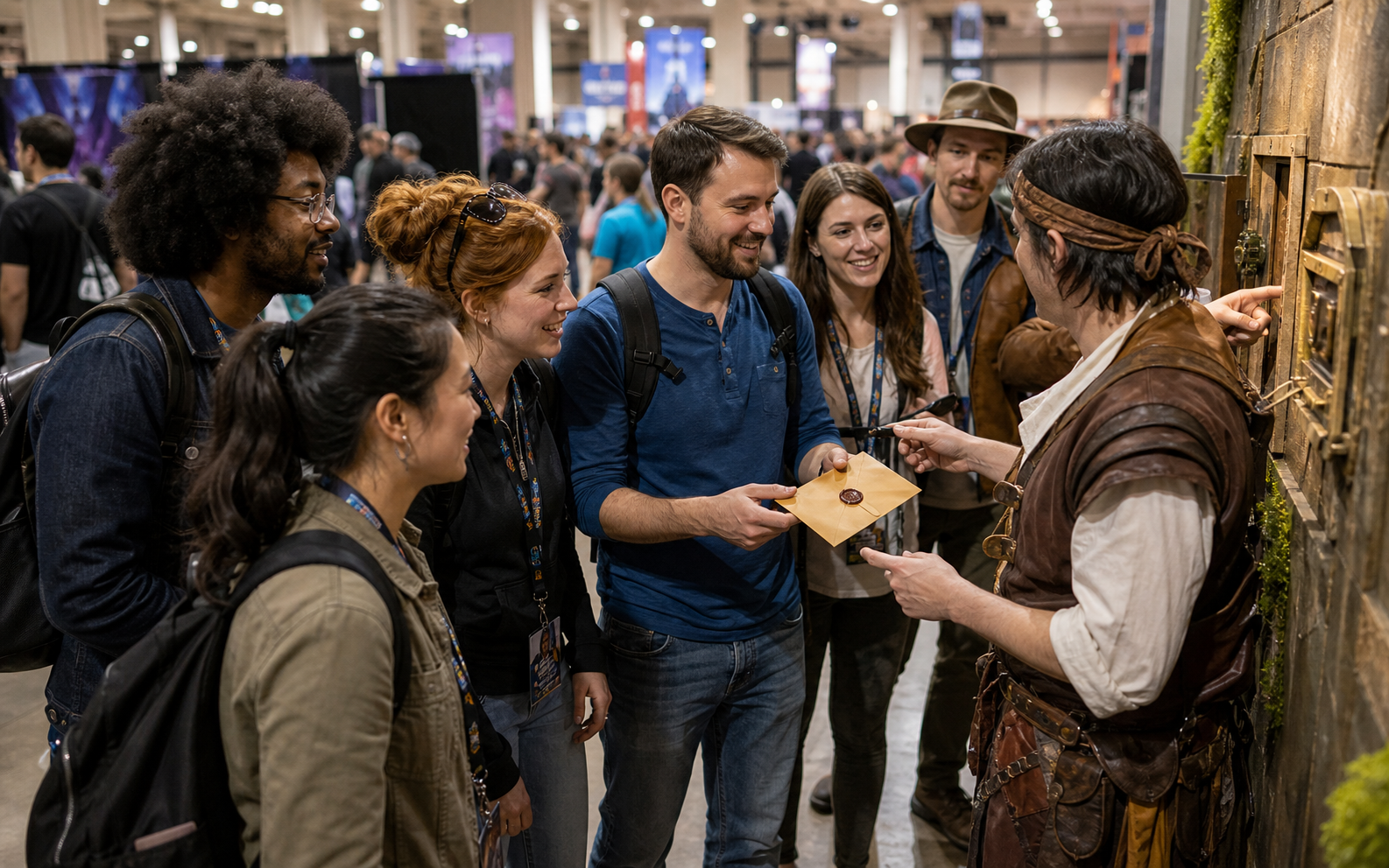 Convention attendees moving through an immersive adventure game while exchanging clues with a costumed actor.